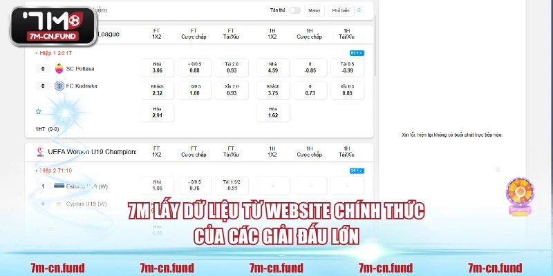 7M lấy dữ liệu từ website chính thức của các giải đấu lớn